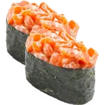 საკე გუნკანი (2 ნაჭერი) - ახალი ორაგული, ცხარე სოუსი, ტერიაკის სოუსი, ნორი, ბრინჯი და სეზამი