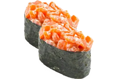 საკე გუნკანი (2 ნაჭერი) - ახალი ორაგული, ცხარე სოუსი, ტერიაკის სოუსი, ნორი, ბრინჯი და სეზამი