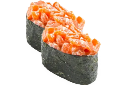 საკე გუნკანი (2 ნაჭერი) - ახალი ორაგული, ცხარე სოუსი, ტერიაკის სოუსი, ნორი, ბრინჯი და სეზამი