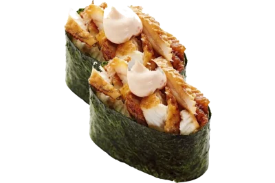 უნაგი გუნკანი (2 ნაჭერი) - გველთევზა, ცხარე სოუსი, ტერიაკის სოუსი, ნორი, ბრინჯი და სეზამი