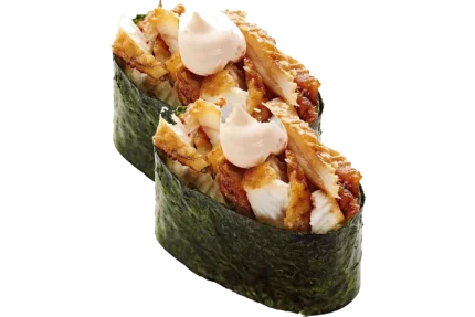 უნაგი გუნკანი (2 ნაჭერი) - გველთევზა, ცხარე სოუსი, ტერიაკის სოუსი, ნორი, ბრინჯი და სეზამი