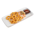 კალმარის რგოლები (Squid Rings) - ხრაშუნა ოქროსფერი კალმარის რგოლები ბრინჯით და სოუსით